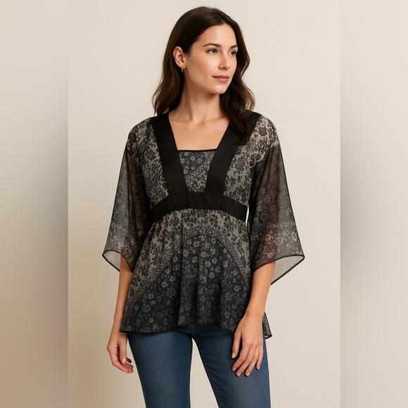 Bay Studio Tops - Bay Studio Career Sheer Black Floral Top Blouse L Women’s Workwear Tunic